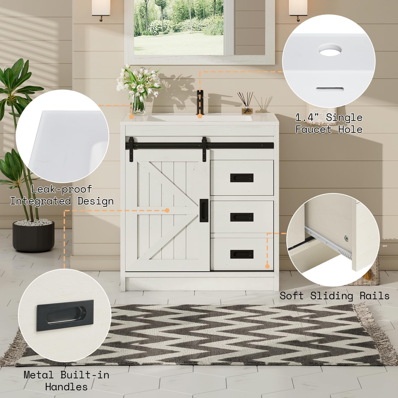 VanAcc 31" Farmhouse Sliding Barn Door Bathroom Vanity with Sink Combo, Bathroom Cabinet with Drawers & Metal Handles, Freestanding, Distressed White