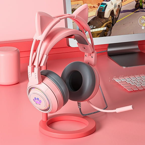 Joernso SY-G25 Wired Headphone RGB Lighting Omni-directional Mic Over-Ear Computer Headphone with Cute Cat Ear for E-sport