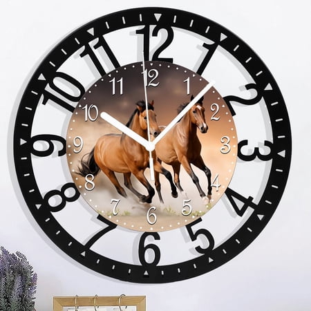 Wrought Iron Wall Clock Silent Non Ticking - 10 Inch Running Horse Pattern Kitchen Wall Clock Quality Quartz Battery Operated Round Wall Clocks for Home/Office/Classroom/School 25cm Style