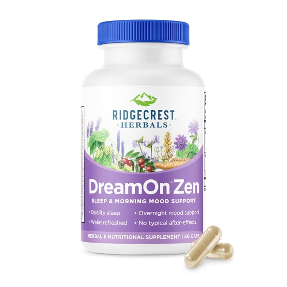 RidgeCrest Herbals DreamOn Zen, Sleep Aid and Mood, Calm Support Supplement, Melatonin Free, Magnesium, 5-HTP, Lavender, Chamomile, Valerian, Lemon Balm (60 Caps, 30 Serv)
