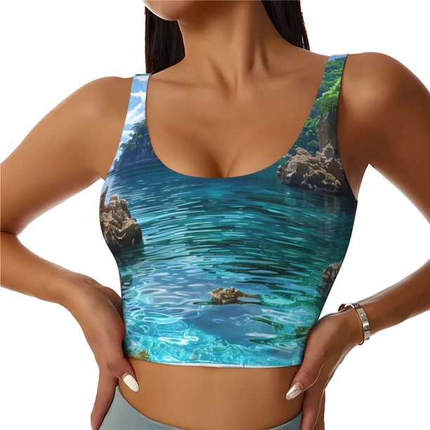 Fotbe Tropical Paradise Window View Sujetador Deportivo Largo sin Aros para Mujer con Almohadillas y Soporte Medio, Transpirable y Absorbente, Camiseta Tipo Chaleco o Tank Top-Large