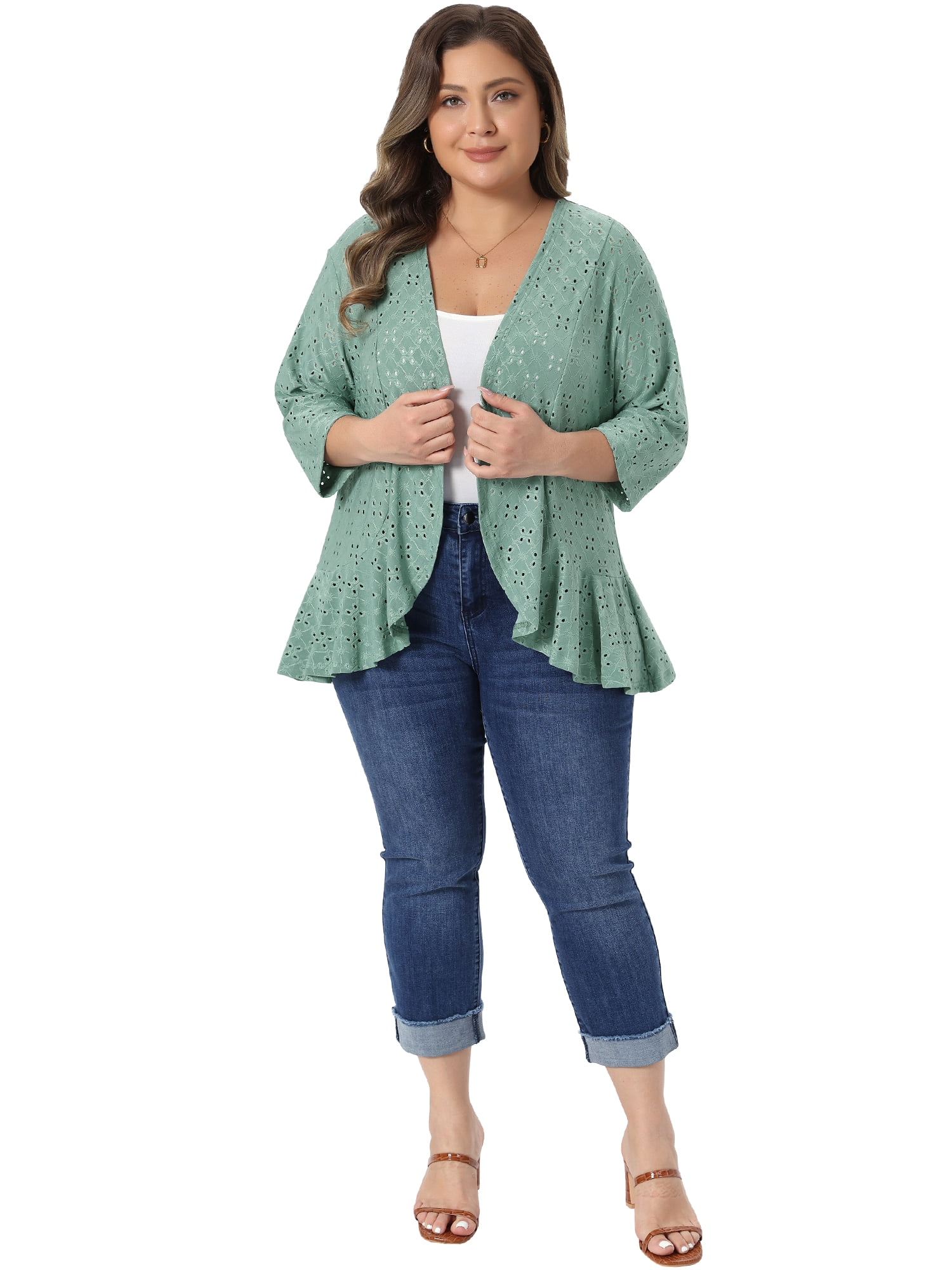 DARING DIVA Women's Plus Open Front 3/4 Sleeve Draped Ruffle Cover Up 3X Green