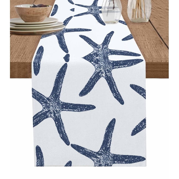 Table Runner Dresser Scarf 14 x 72 Inch Dark Blue Starfish Ocean Coastal Nautical Table Runners Non-Slip Heat Kitchen Dining Table Decor for Indoor Outdoor Home Party Decoration