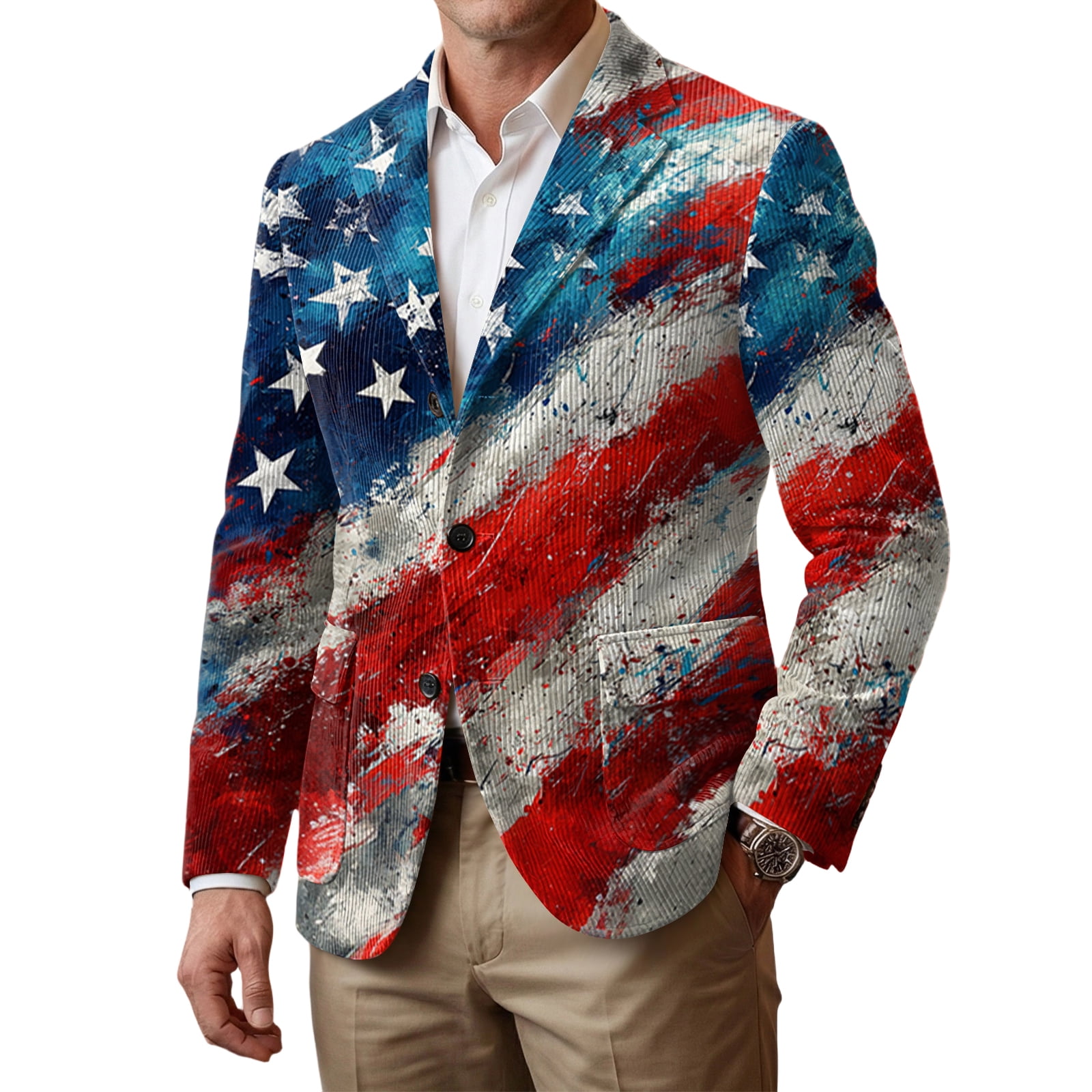 GrmtClth Mens Usa Flag Print Blazer Patriotic 1776-2026 Slim Fit Suit Jacket Corduroy Comfy Coat Button Long Sleeve Clothes Watermelon Red L