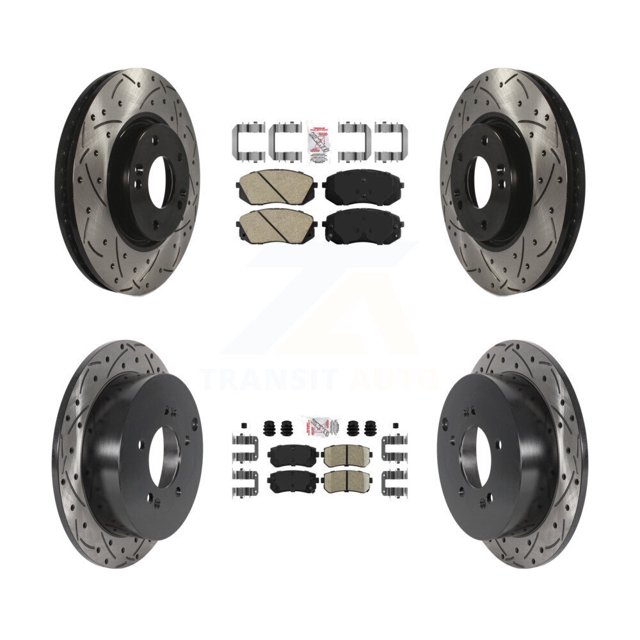 Transit Auto Front Rear Ceramic Pads and Coated Drilled Slotted Disc Brake Rotors Kit for Car Hyundai Tucson Kia Sportage KDA-101475