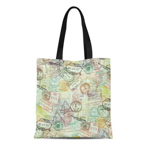 NUDECOR Canvas Tote Bag Cool Passport Stamps Travel Vacation Backpacker Flight Customs Trip Reusable Handbag Shoulder Grocery Shopping Bags