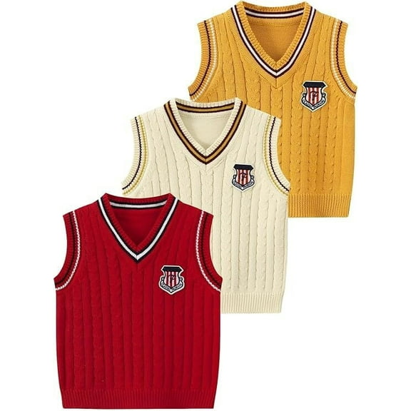 Fdqin Boys Sweater Vest 3Pcs Cable Knit V Neck Sleeveless Toddler Kid Uniform Vest Pullover Girls Fall Winter Tops 3-4 Years