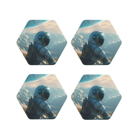 

Honeii Astronaut Contemplating Planet Print Leather Coaster Set of 4 Ideal for Safeguarding Your Furniture from Drinks Spills and Effortless Cleanup-Hexagon