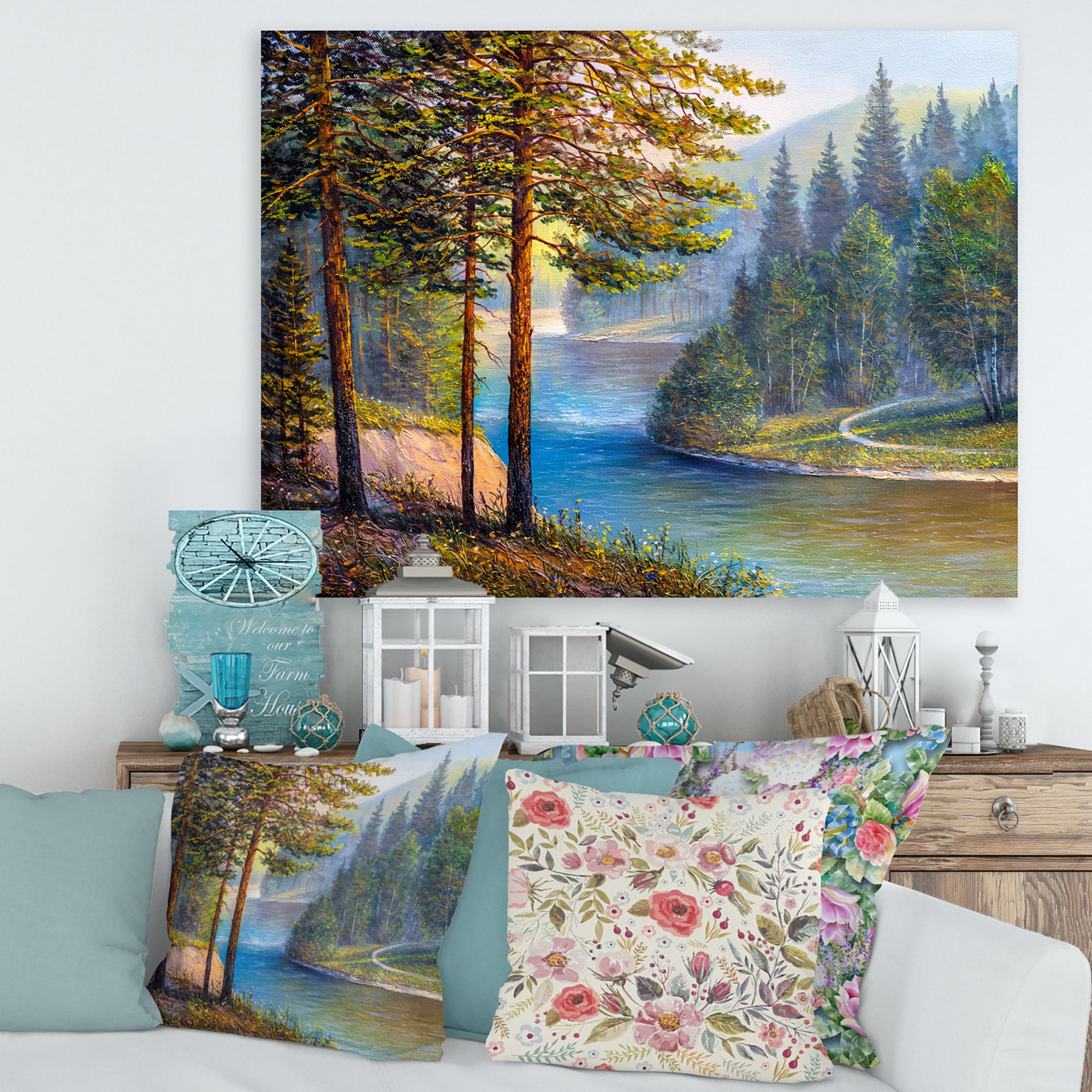 Sunrise Glow Through The Pine & Fir Forest 8 in x 12 in Painting Canvas Art Print, by Designart