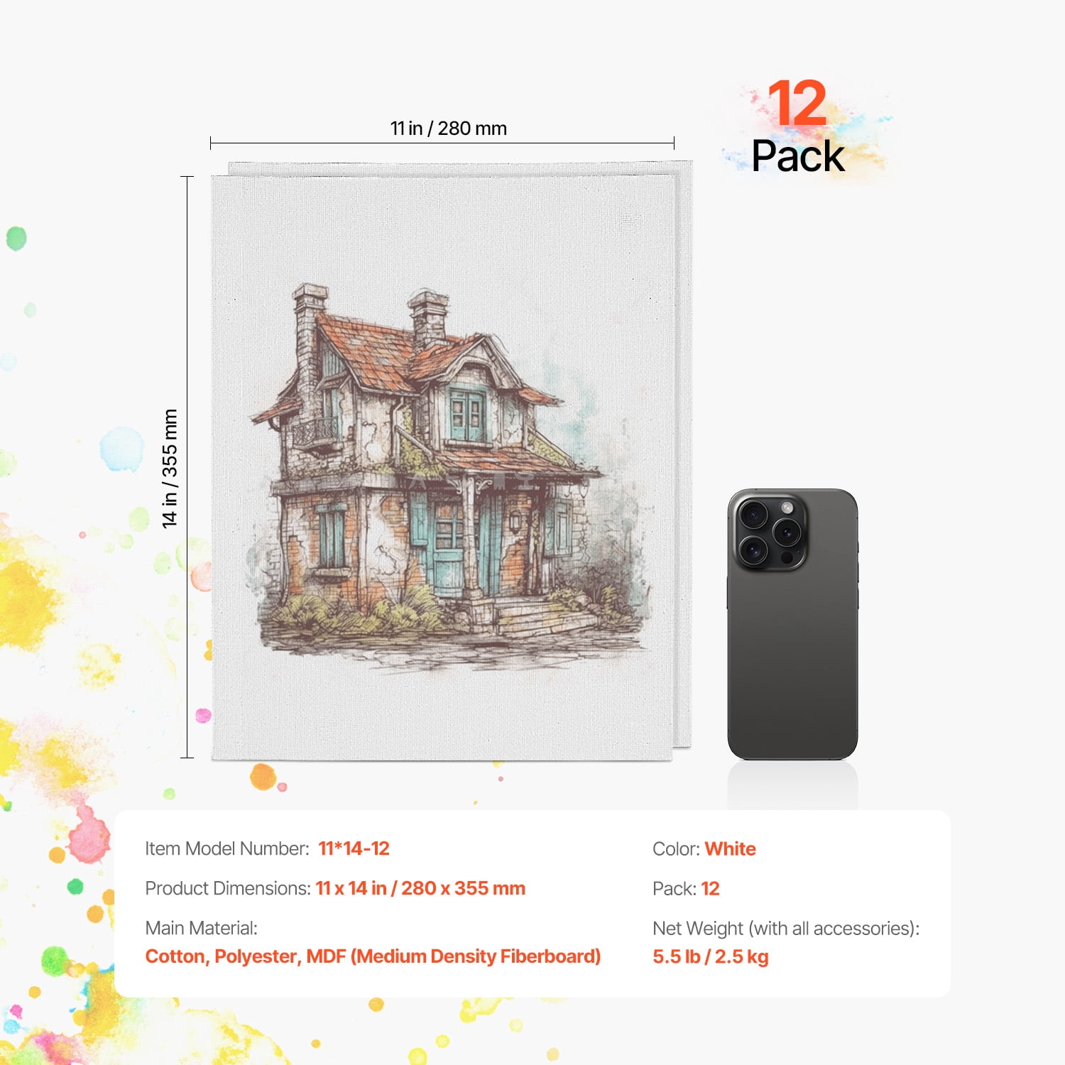 KFFKFF Artistic Canvas Boards, Dimension of 11 x 14 Inches, White Painting Surfaces, Set of 12, Suitable for Sketching, Acrylic and Oil Paints, Watercolor, Ideal for Children and Professional Artists