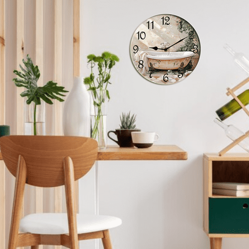 Kurmntregon Bathroom Wall Clock Bathtub Silent Non Ticking Battery Operated Wood Clock For Bedroom Bathroom Living Room Office School Kitchen Shop Hotel Round 10"