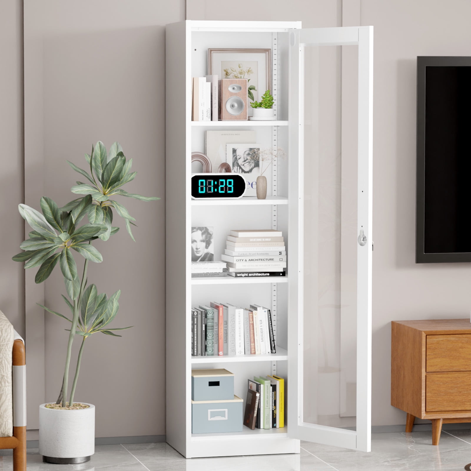 Ktaxon 65" Glass Door Steel Display Cabinet with Lock, Adjustable Shelves, Tall Narrow Storage Cupboard, LED-Ready, Black