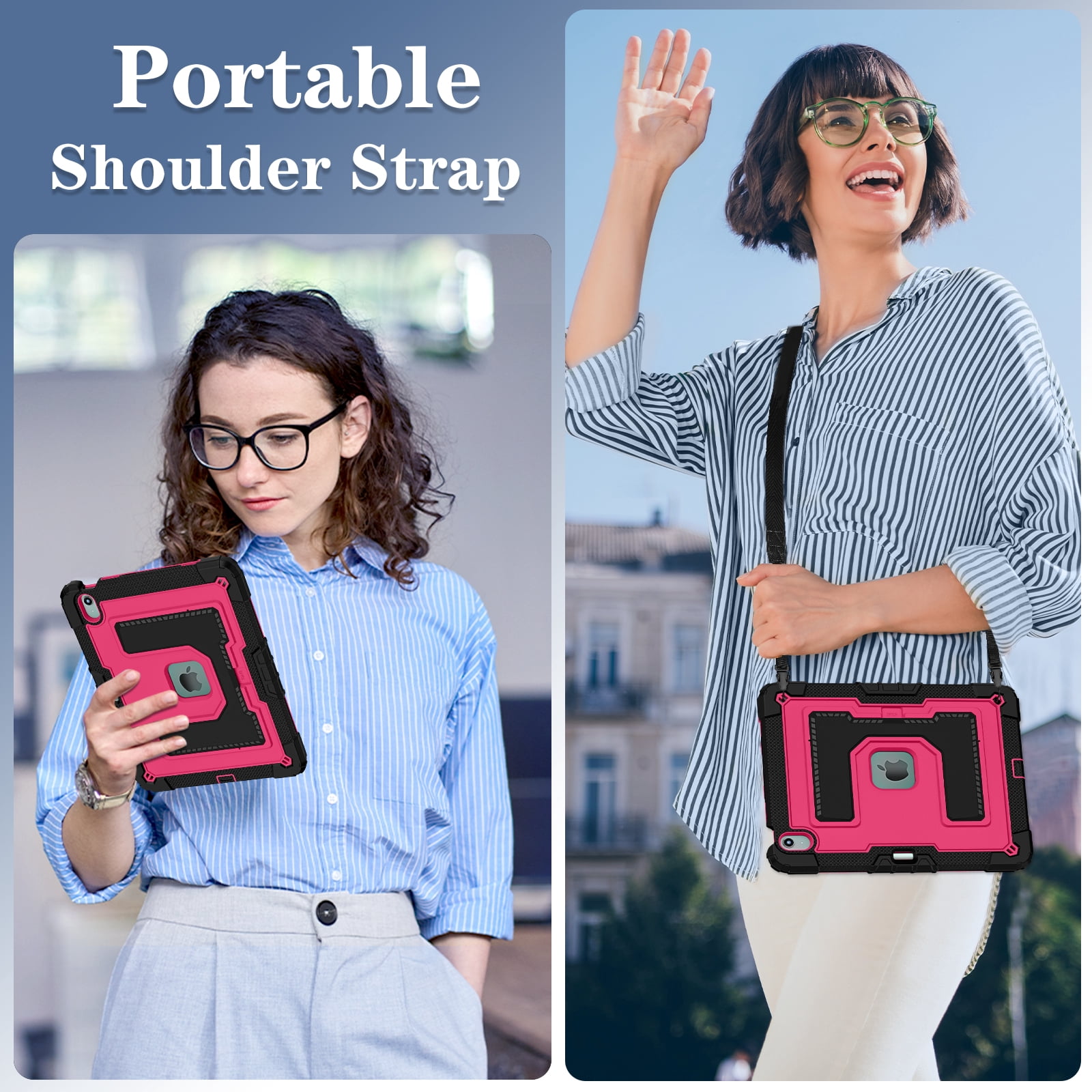 ELEHOLD 3-Layer Rugged Case For Apple iPad Air 13‑inch (M4) 2026, Heavy Duty Shockproof Logo Visible Foldable Kickstand Drop Protection Cover with Pencil Holder + Shoulder Strap, Black+Rose