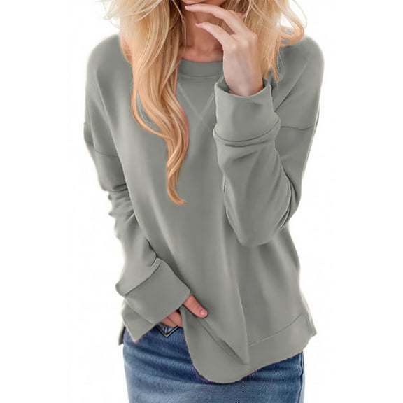 Women Casual Crewneck Pullover Tops Solid Color Loose Fit Trendy Fall Spring Sweatshirt Long Sleeve Workout Shirts