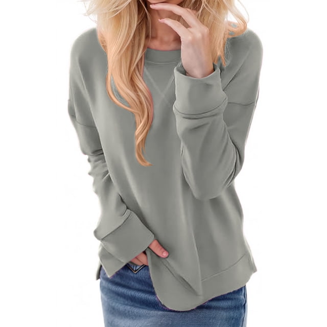 VEKDONE 2025 Chandail en Liquidation pour Femmes Automne Manches Longues Col Rond Blouse Coupe Ample Léger Confortable Chandail Tendance Couleur Unie Gris m