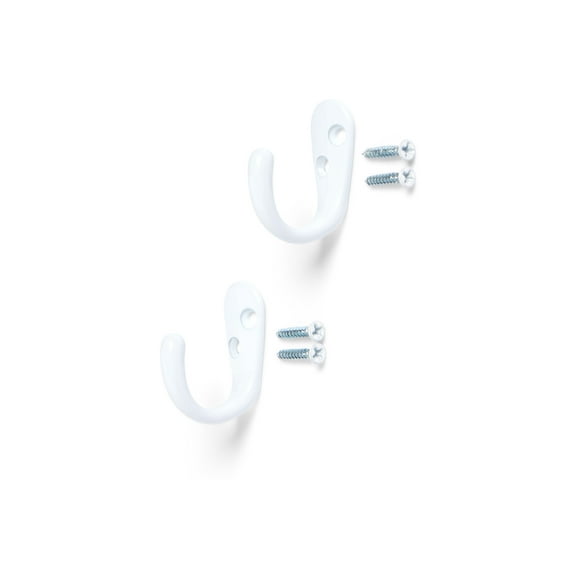 Mainstays, White Metal Hooks, Clutter-Free Hooks for Hanging Towels and Coats, 10 lbs Capacity, 2 Pack