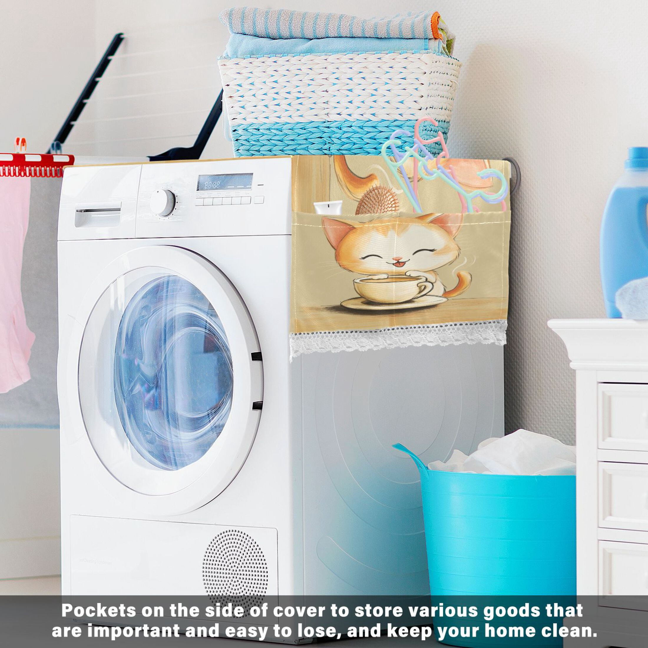 Cartoon Cute Cat Drink CoffeeWasher and Dryer Covers Dust-Proof and Oil Resistant Fridge Cover with 4 Storage Pockets Washing Machine Top Cover for Laundry Kitchen Home 51.2 x 22 In