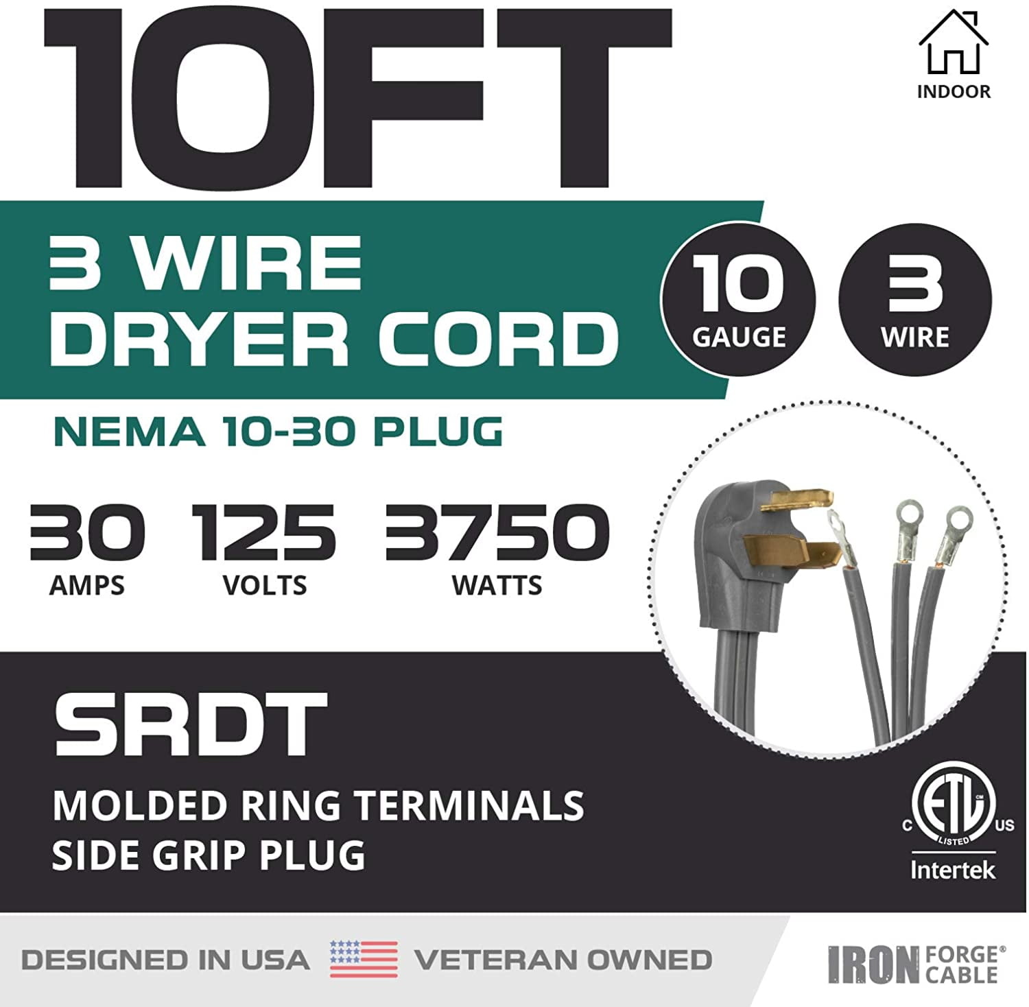 3 Prong Dryer Cord - 10 Ft Extension Power Cord, 10/3 SRDT, 30 Amp, NEMA 10-30 Plug, Gray