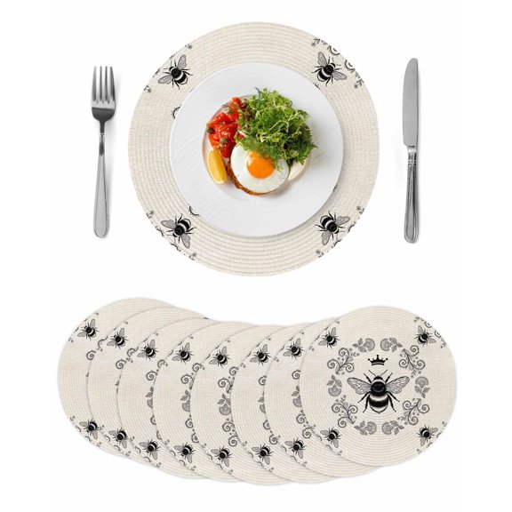 Vintage Bees Crowns Round 13 Inch Placemats Set of 8, Rustic Leaves Rings Burlap HeatResistant Non Slip Place Mats for Dining Table, Wipeable Braided Kitchen Table Mats for Housewarming