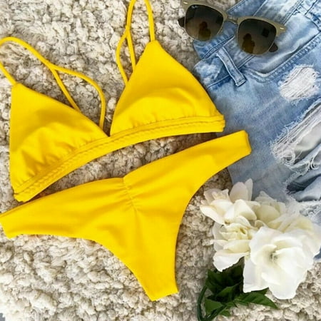 Yellow Brazilian Bikini - Sexy Bikinis Women Swimsuit Push Up Swimwear Female Brazilian Bikini Soild Summer Beach Bathing Suit Yellow Size S