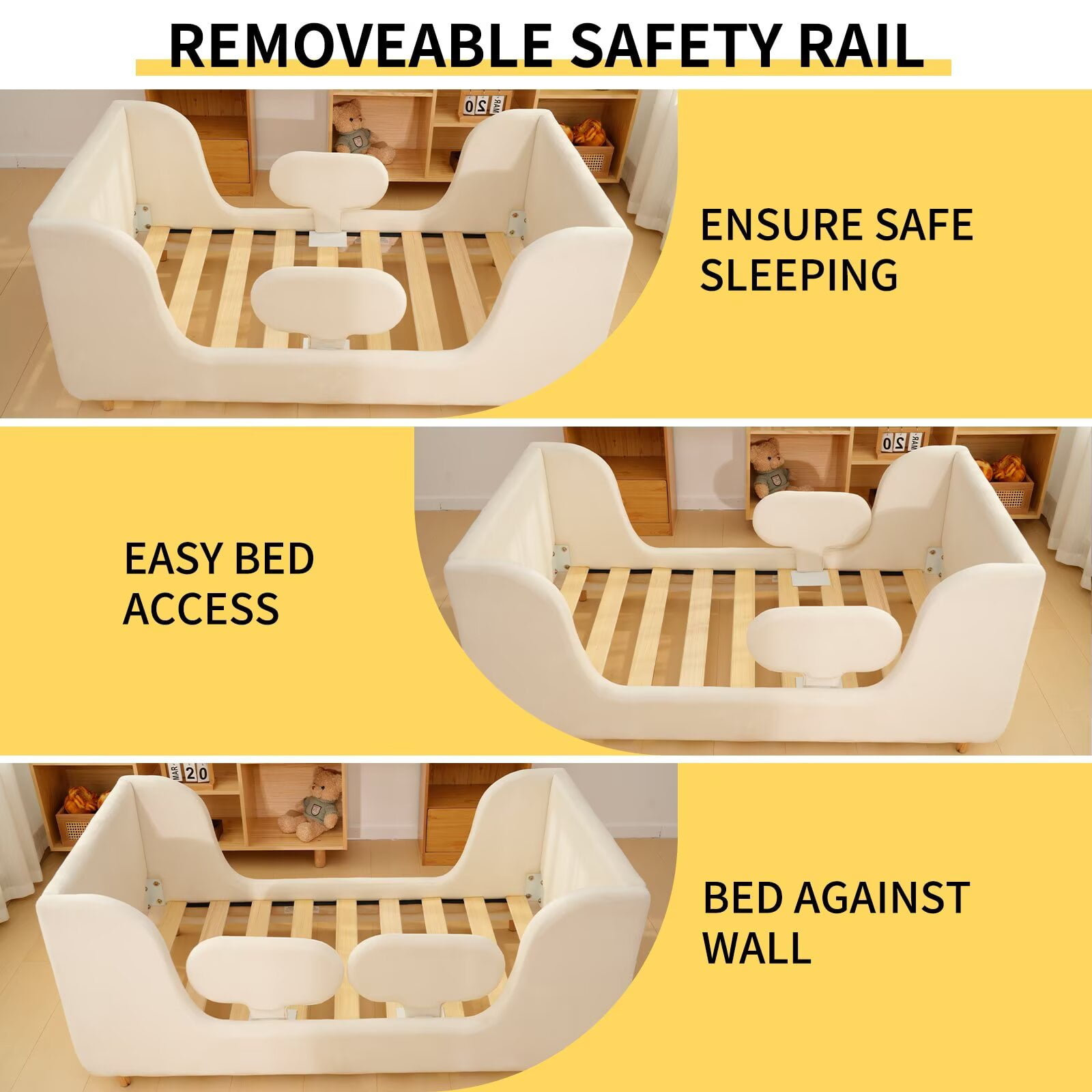 Lilypelle Toddler Bed Frame, Toddler Floor Bed with Removable Guard Rails, Small Bed for Boys and Girls, Standard Crib Size Toddler Bed，55.9 x 31.5 x 23.2 in，Beige