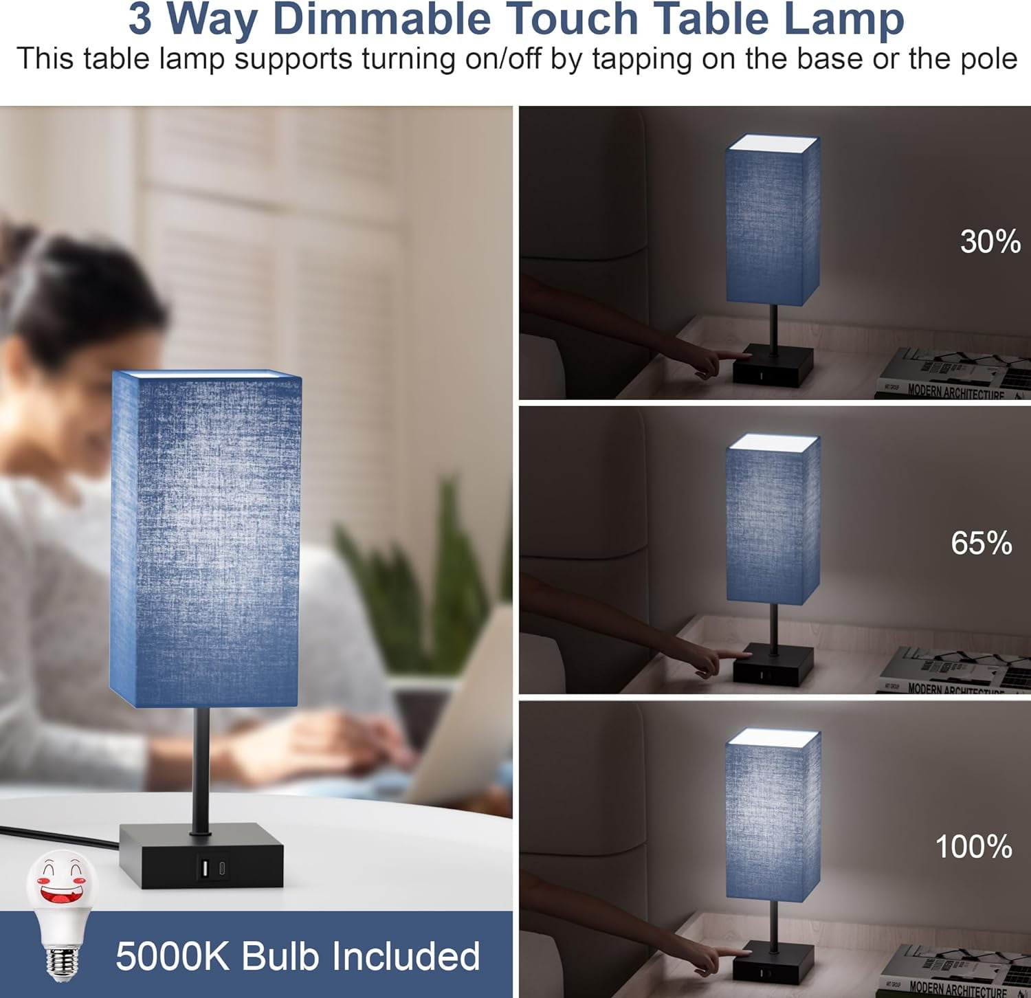 Hansang Bedside Table Lamp for Bedroom Set of 2,3 Way Dimmable Touch Lamp with USB C+A Charging Ports, LED Bulbs Included