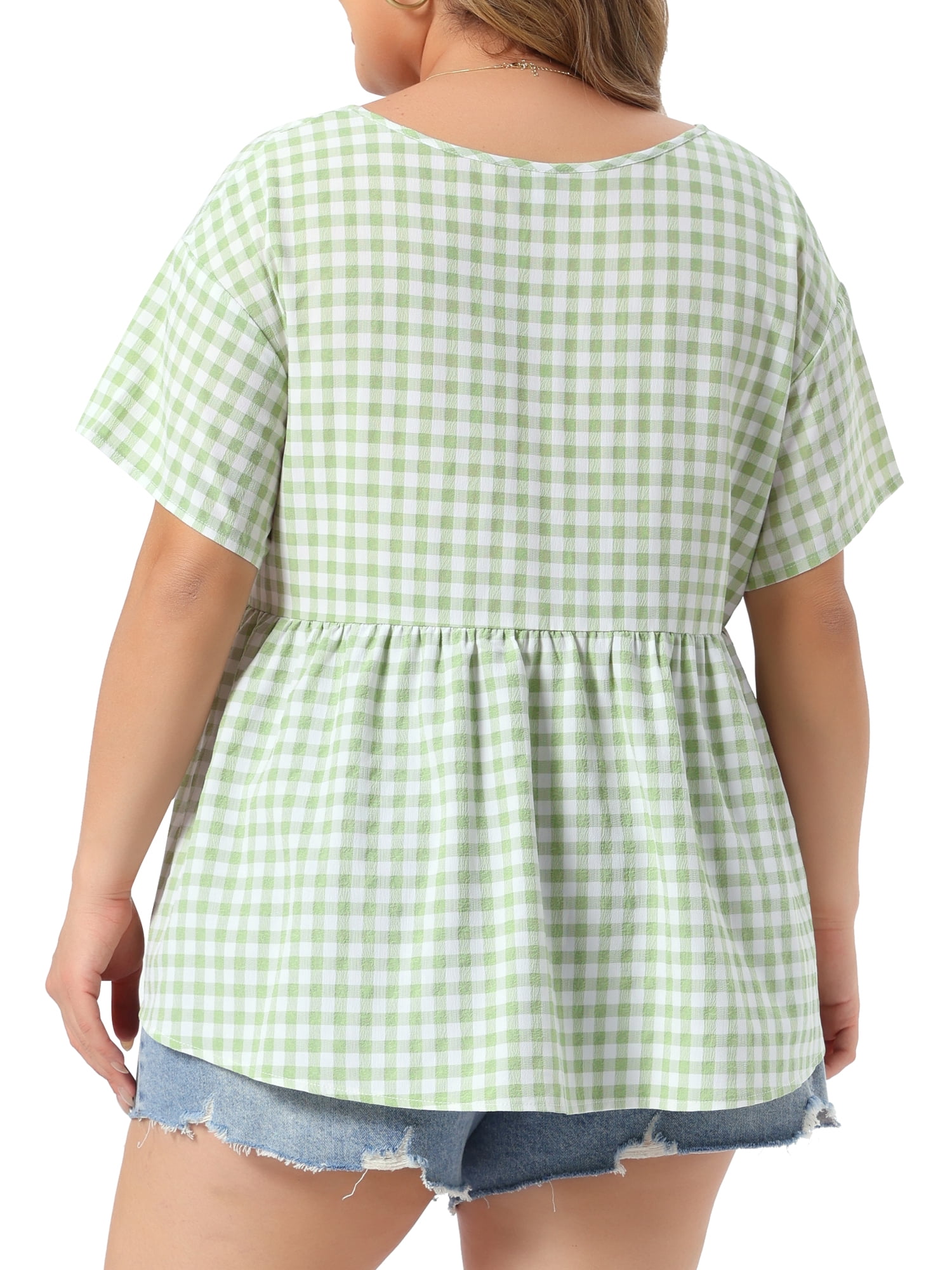 DARING DIVA Women's Plus Gingham Tops Plaid  V Neck Summer Babydoll Top 2X Light Green