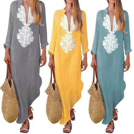 Womens Paisley Long Sleeve Long Maxi Dress Baggy Cotton Linen Kaftan