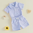 thumbnail image 4 of Xudanell Baby Boy Outfit Newborn Infant Soft Outfit Solid Color Button Top Drawstring Shorts 2 Piece Sets Blue 3-6 Months, 4 of 7