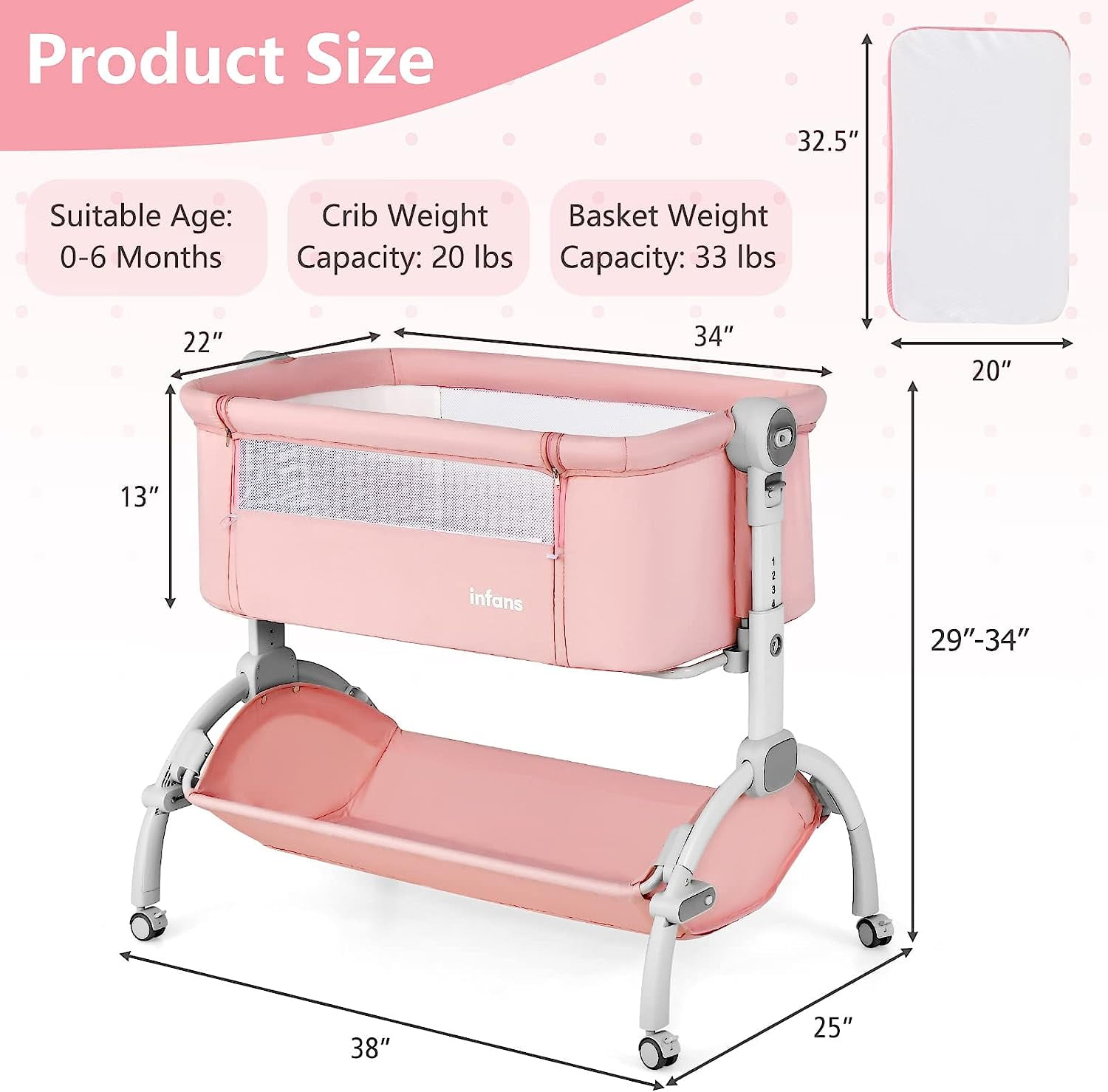 INFANS 3 in 1 Baby Bassinet, Folding Bedside Sleeper Crib with Mattress Pad, Height Angle Adjustable, Portable Rocking Cradle with Wheels Storage Basket Travel Bag for Infant Newborn (Pink)
