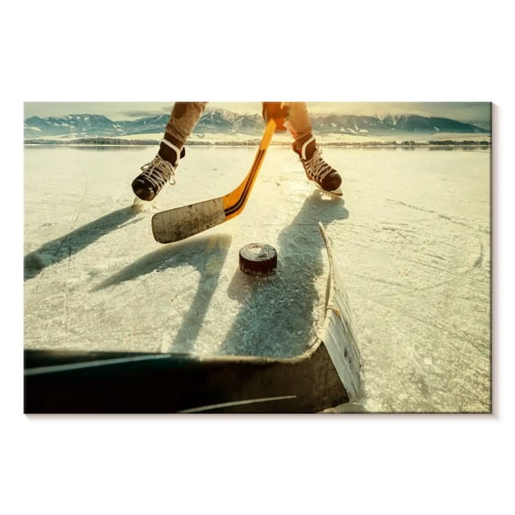 Elephant Stock Hockey Sunset Play Wall Art - Horizontal Canvas Wall Art - Living Room Wall Decor - Sports Canvas - Gray And Orange Decor - 12" x 8"