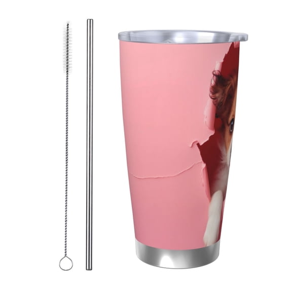 Logiee Puppy Peeking Through Pink Print 20OZ Car Cup with Lid, Stainless Steel Vacuum Insulated Double Wall Travel Tumbler, Durable Insulated Coffee Mug,Thermal Cup with Straw-Straw Two-piece Set