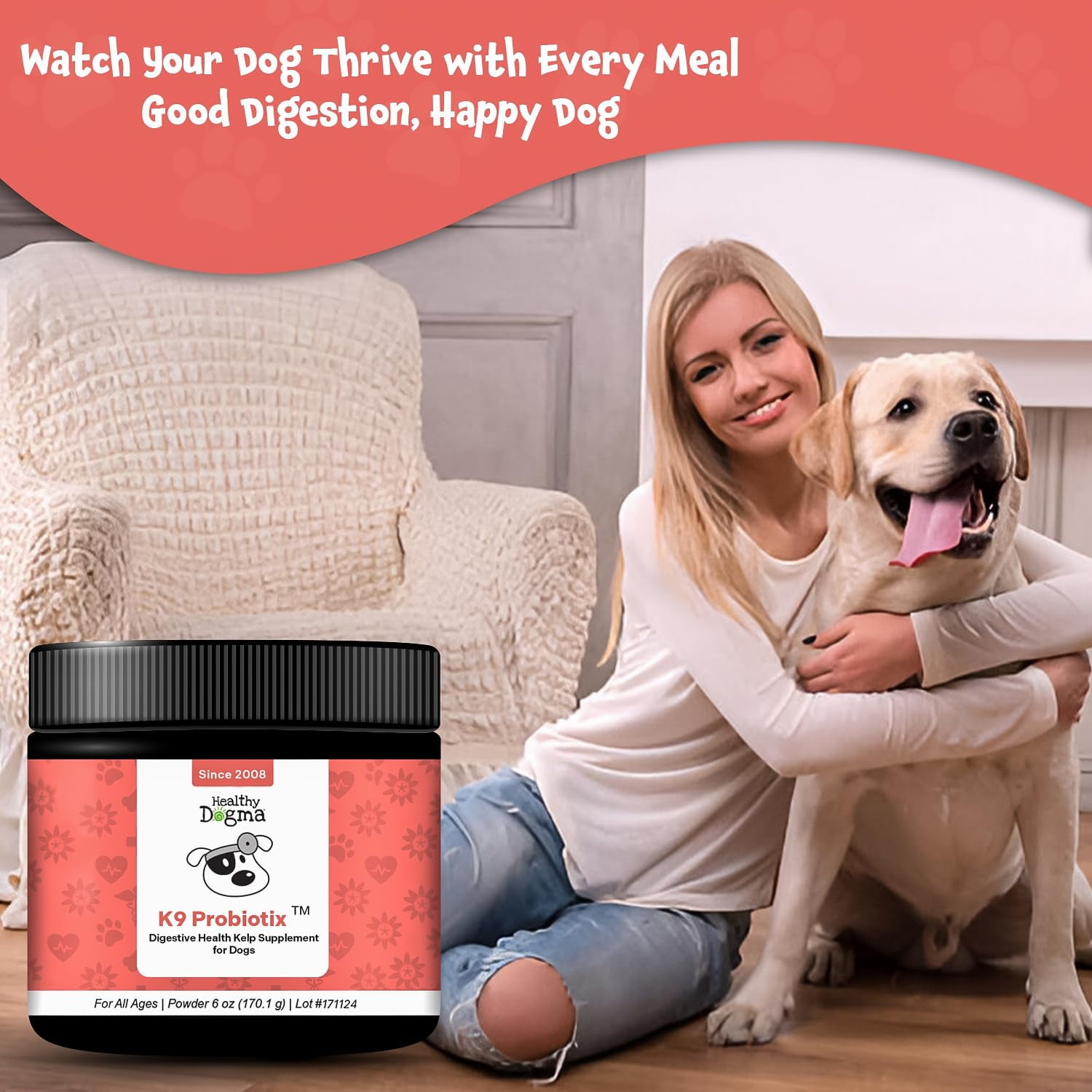 "Healthy Dogma K9 Probiotix – Natural Probiotic Powder for Dogs – Gut Health & Digestive Support with Slippery Elm, Licorice & Ginger – Easy-to-Mix Supplement – All-Natural, Made in USA (6 oz) "