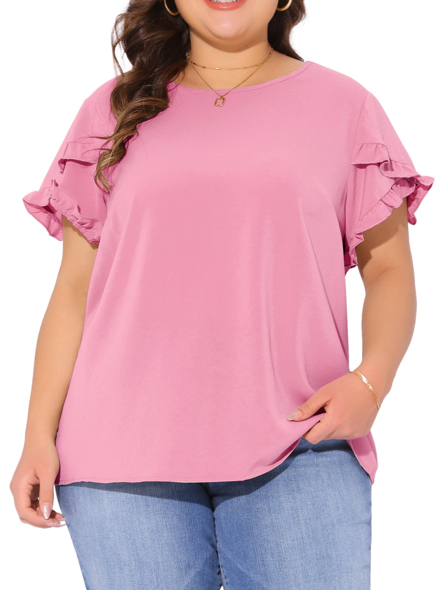 DARING DIVA Women's Plus Crew Neck Ruffle Blouse 4X Pink