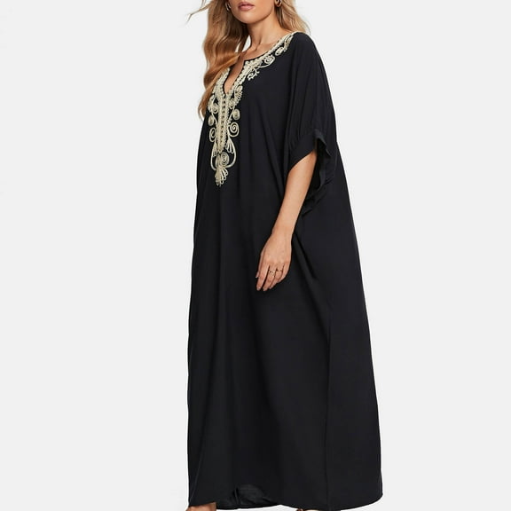 TMOYZQ Kaftan Dresses for Women Embroidered Short Sleeve V-Neck Plus Size Caftans Bikini Swimsuit Cover-Up Long Beach Dress