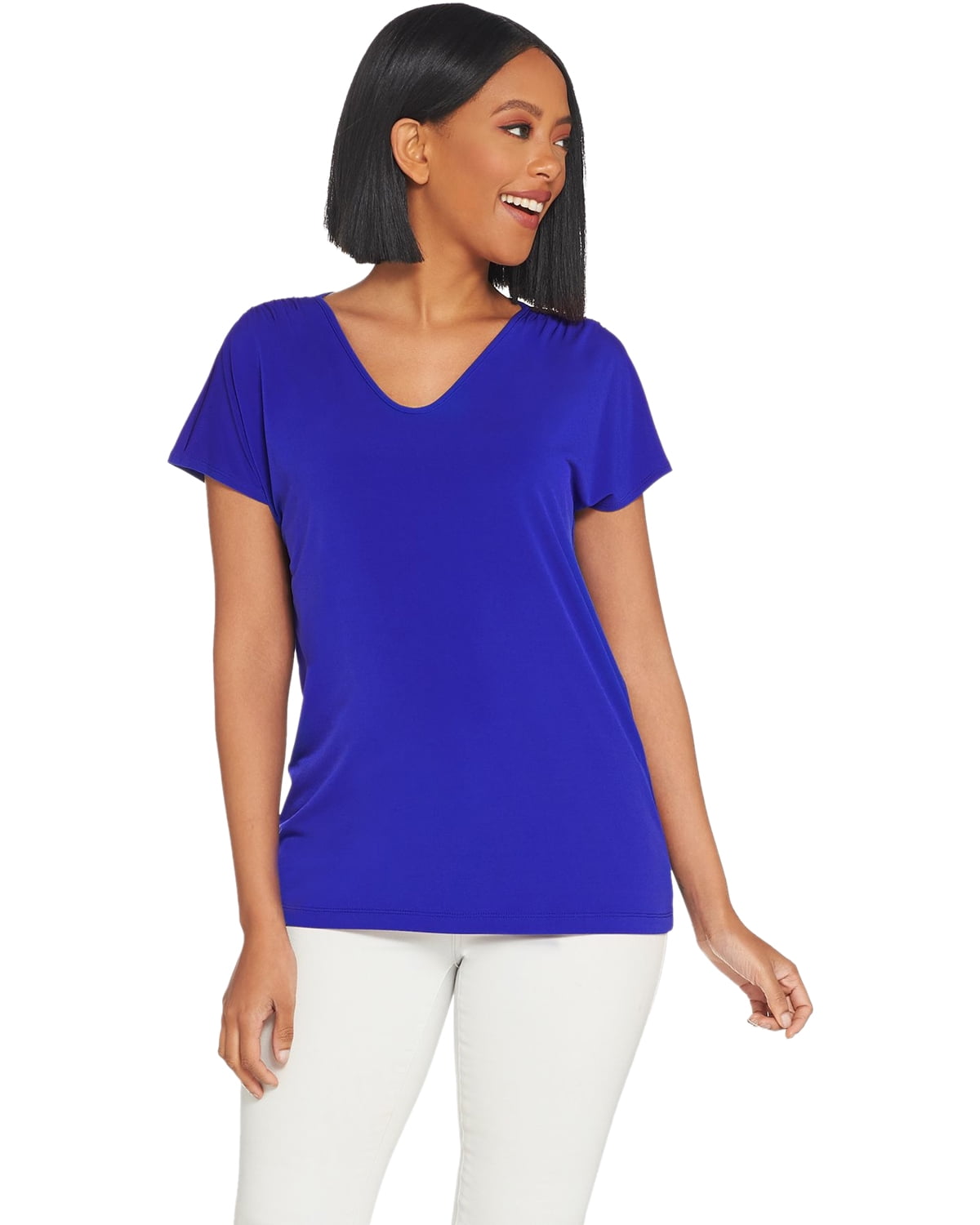 Susan Graver Ladies Liquid Knit SplitSleeve Top Large Vivid Blue