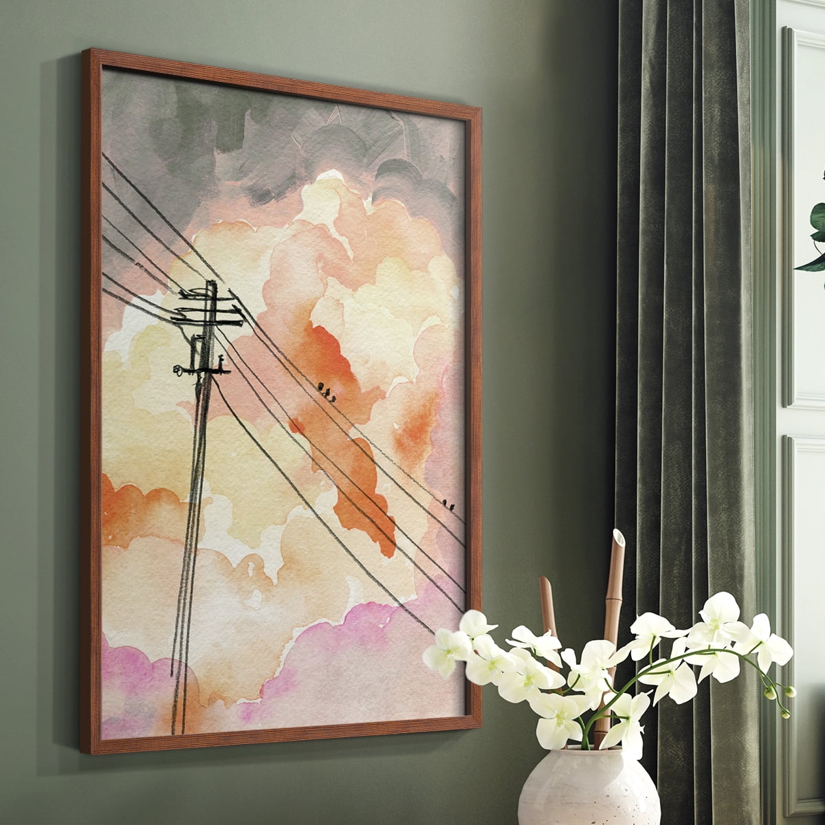 Cloudy Communication II Framed Print in Brown Solid Wood Framed Print No Nail Hanging