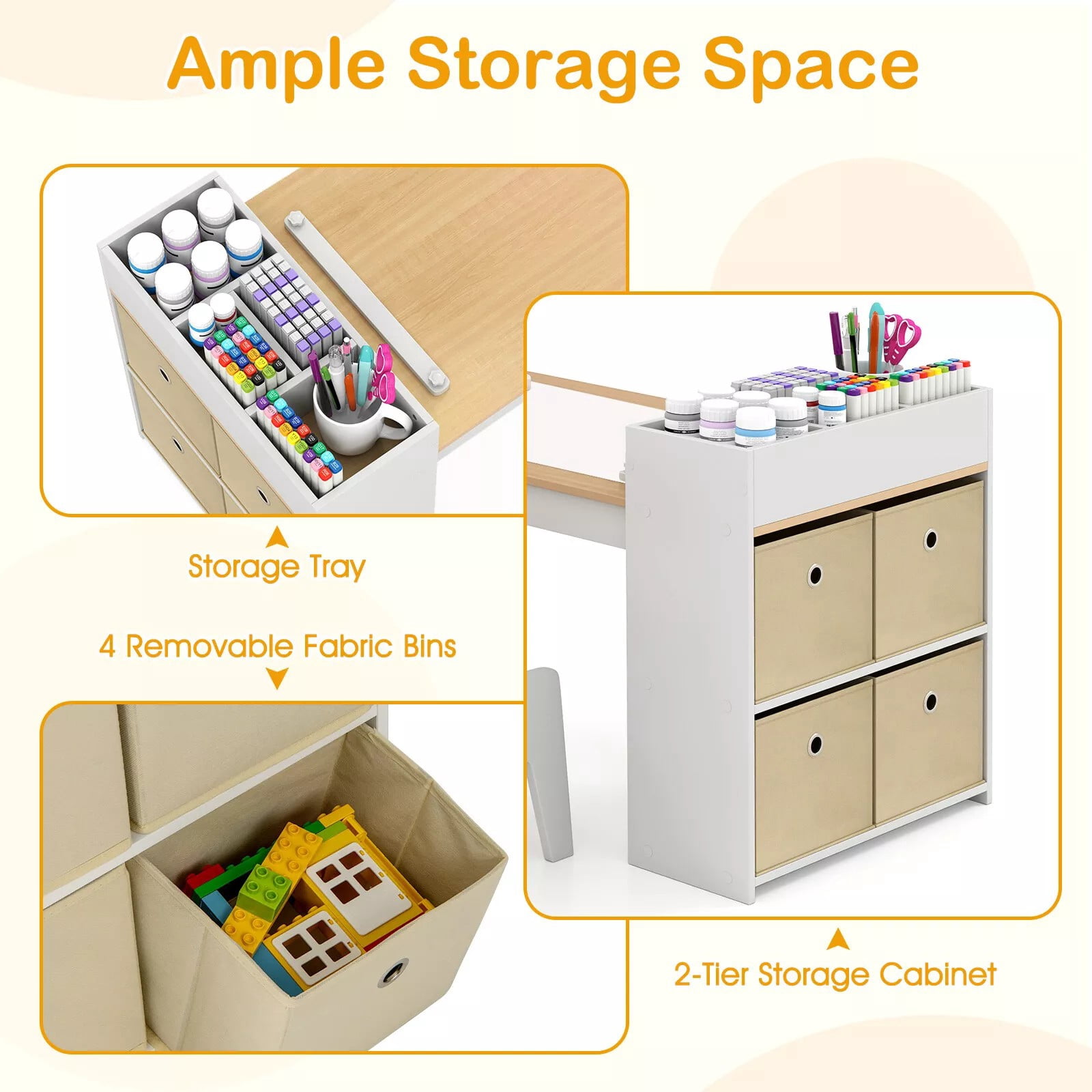 Auranook Kids Art Table and Chairs Set, Drawing Table with 2 Chairs, Storage Compartments & Open Shelves, 4 Fabric Bins