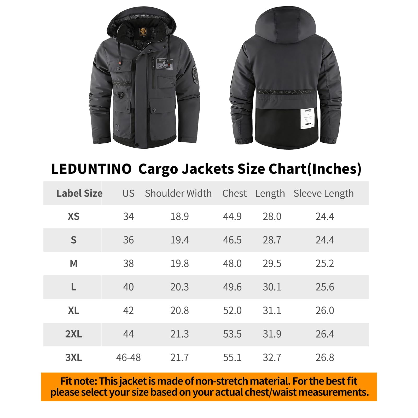 LEDUNTINO Men's Winter Jacket With Hood Water-Resistant Casual Coat Composite Fleece-Lined Outdoor Apparel For Cold Weather