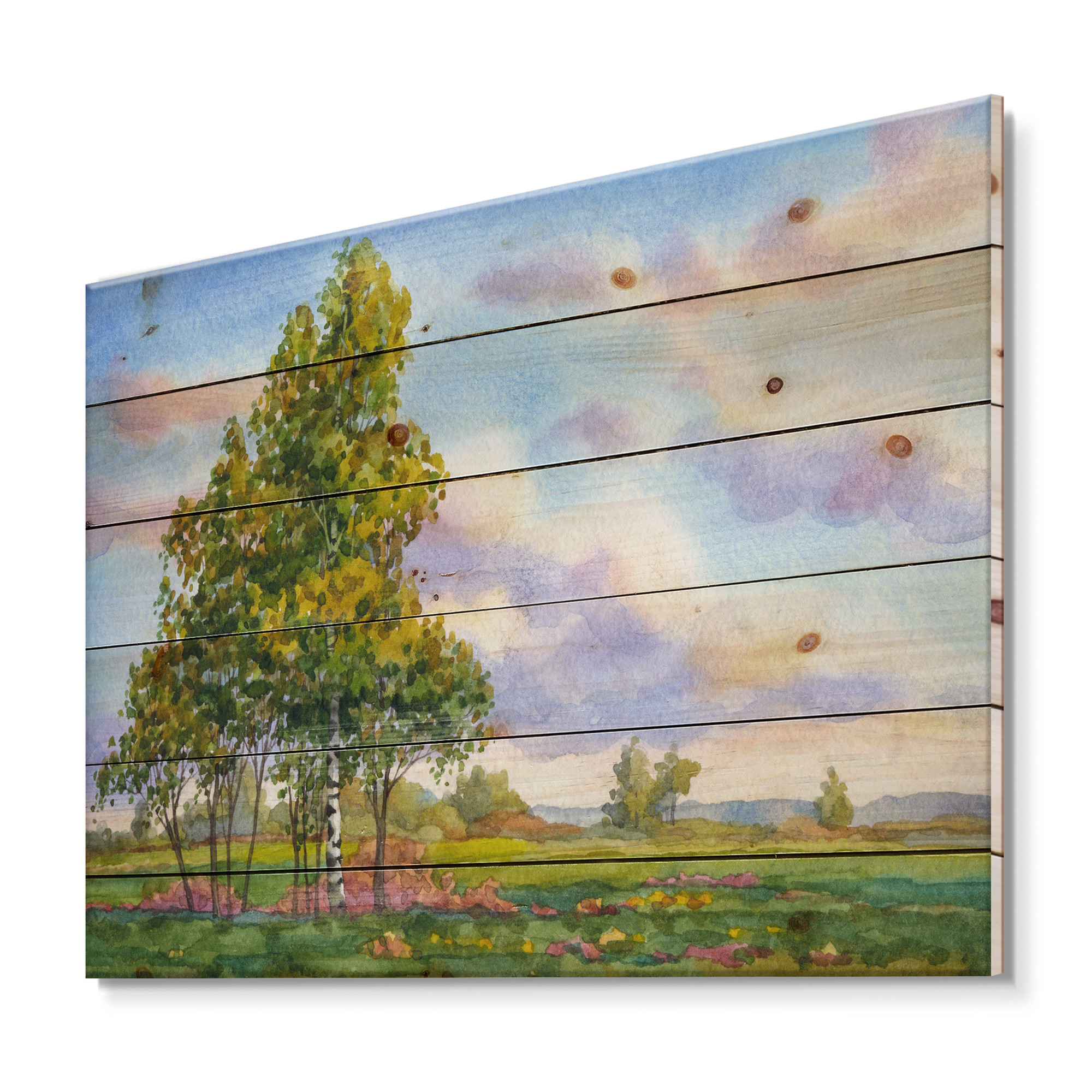 Designart 'The Trees In The Evening Landscape Field ' Traditional Print on Natural Pine Wood