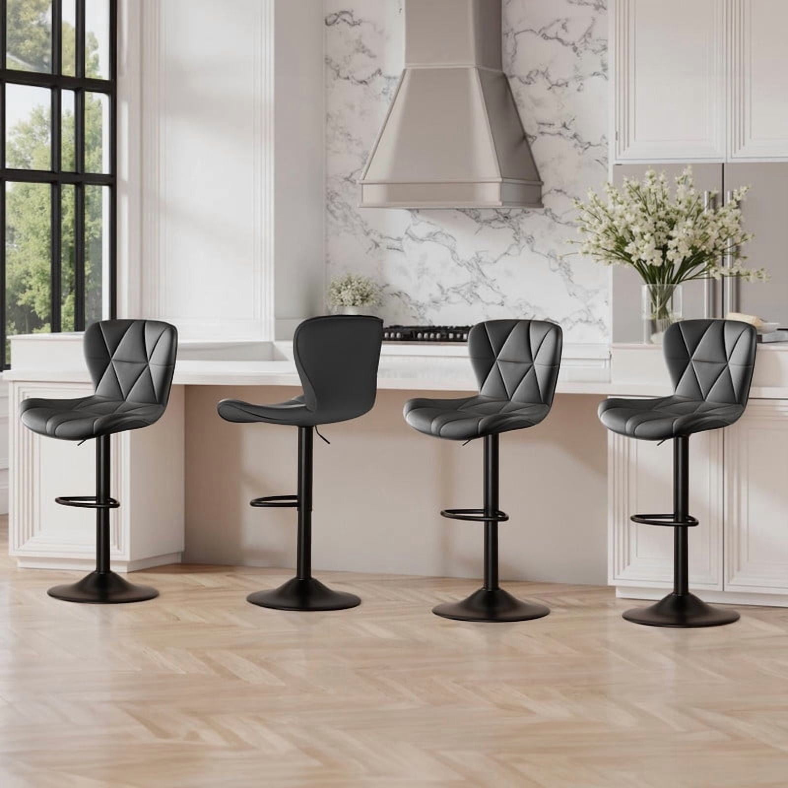 Daluvenix Modern Bar Stools Set of 2, Adjustable Swivel Counter Height Bar Chairs with Back, Faux Leather Upholstered for Kitchen Island, Black