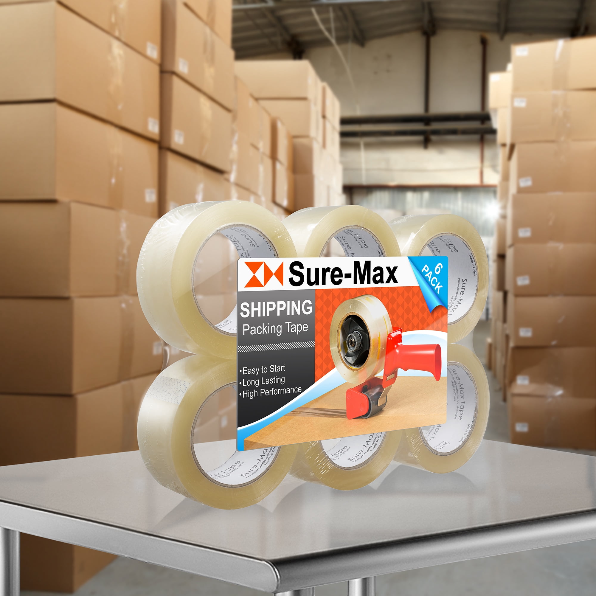 Sure-Max Premium Carton Packing Tape 2.0 mil 330 Feet (110 yards) - Clear - 6 Rolls
