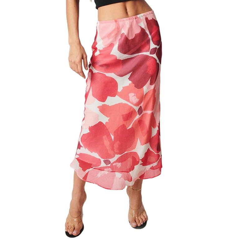 wsevypo Women Mid Length Skirt Leopard Floral Print Elastic Waist