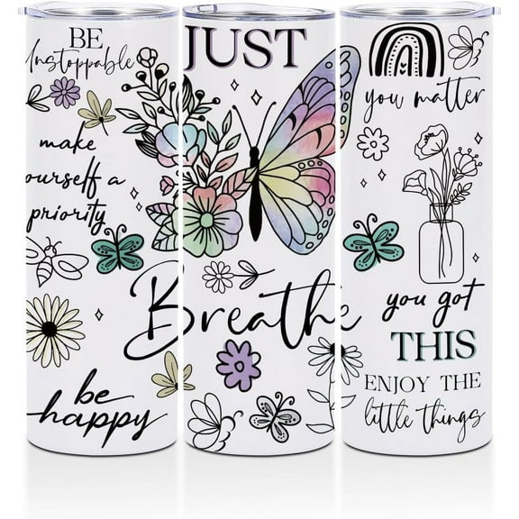 Inspirational Gifts for Women Floral Butterfly Straight Skinny 20 oz Tumbler Encouragement Gifts for Mom Friend Self Love Water Bottle Coffee Mug Insulated Tumblers Thermal Cup for Sports Travel