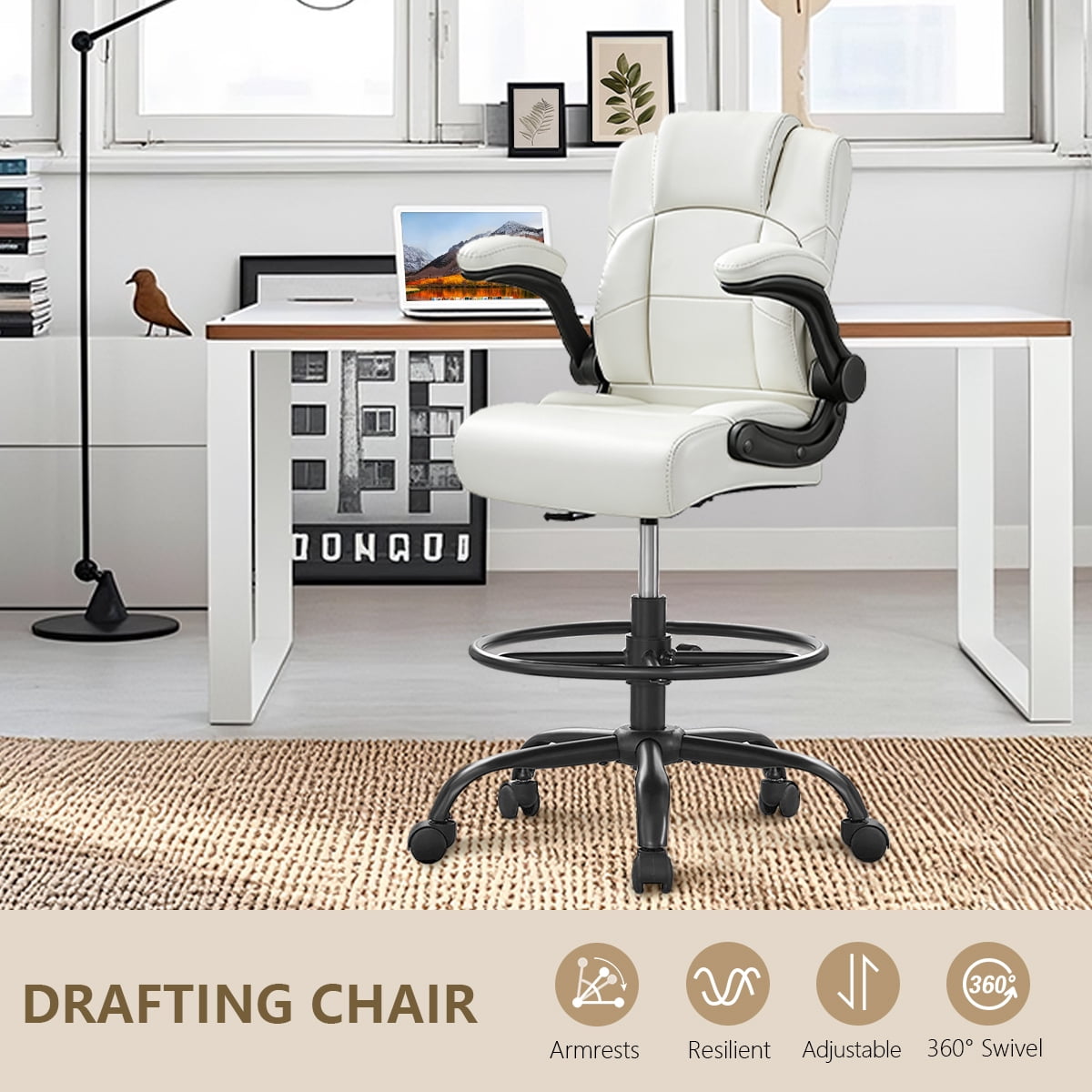 JONPONY 500 lbs Tall Office Chair with Flip-up Armrests for Standing Desk Executive Ergonomic Computer Leather Desk Chair with Lumbar Support, Adjustable Foot Ring for Home,WHITE