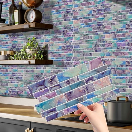 12Piece Peel and Stick Waterproof Tiles Stickers 9.68" x 4.72" Multicolor Marbling Mosaic Brick Pattern DIY Wall Decals Self Adhesive Kitchen Backsplash