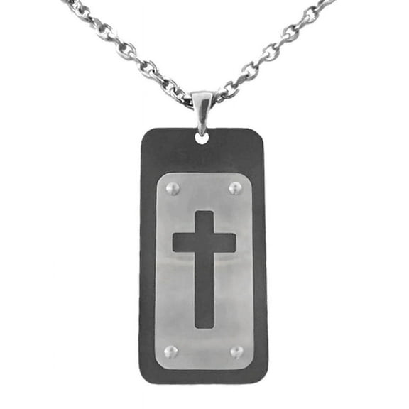 Large Mens Stainless Steel Cross Dog Tag Prayer Necklace - 30 Inch