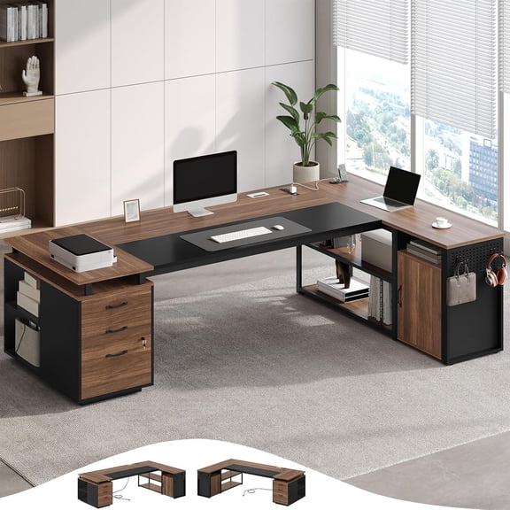 78" Executive Desk with Lockable File Cabinet, L Shaped Executive Desk with Power Outlets, Reversible Computer Desk with Drawers, Storage Shelves and Privacy Screen, Walnut