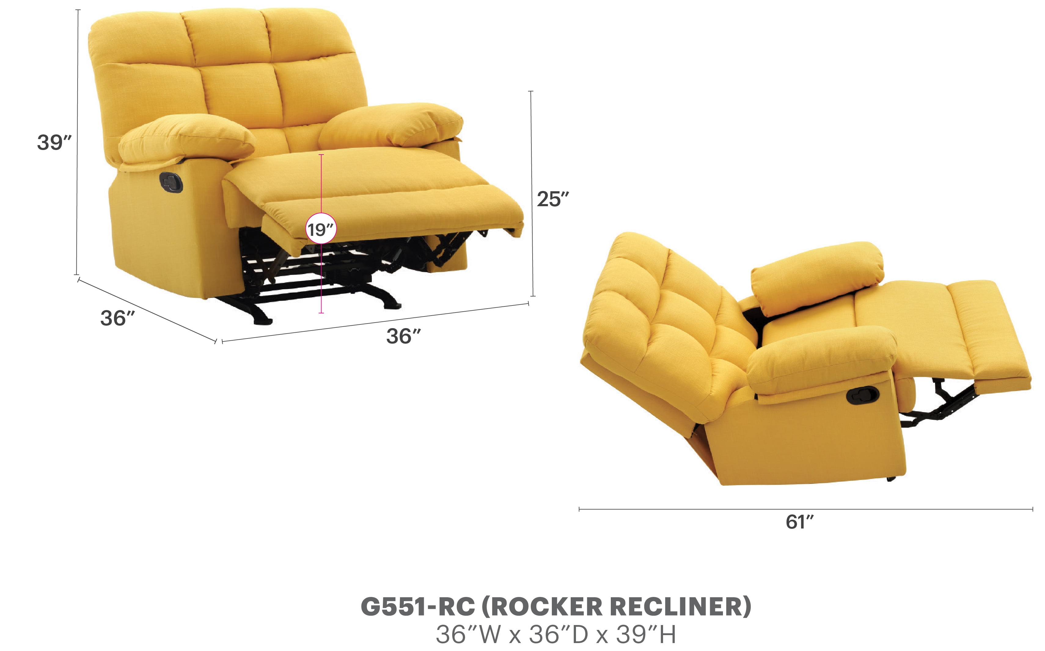 Glory Furniture Cindy Rocker Recliner in Yellow Color