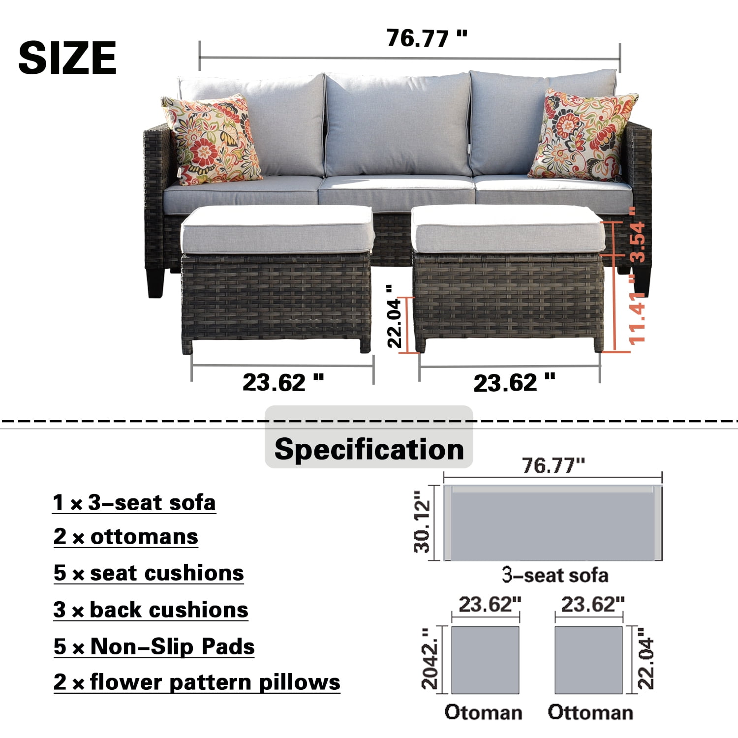 Ovios 3-Piece Outdoor Furniture Set All-Weather Wicker Patio Sofa with Cushions for Conversations